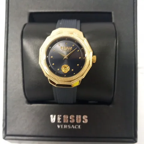 BOXED VERSACE PARADISE COVE YELLOW GOLD BLUE DIAL WRIST WATCH