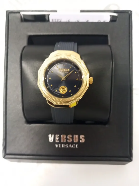 BOXED VERSACE PARADISE COVE YELLOW GOLD BLUE DIAL WRIST WATCH