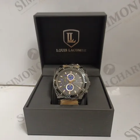 BOXED LOUIS LACOMBE LUXURY MENS CHRONOGRAPH WATCH - 3ATM WATER RESISTANT - LEATHER STRAP 