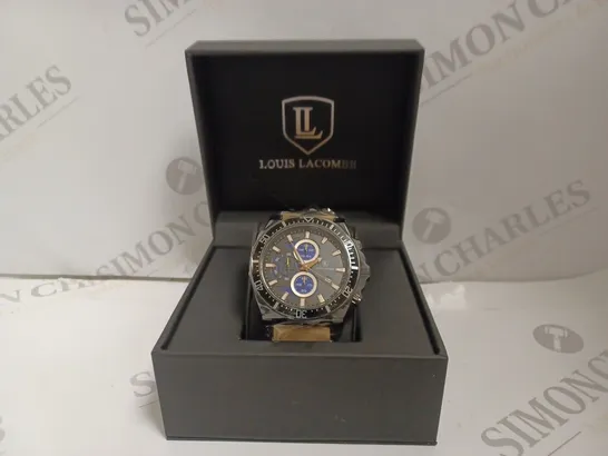 BOXED LOUIS LACOMBE LUXURY MENS CHRONOGRAPH WATCH - 3ATM WATER RESISTANT - LEATHER STRAP 