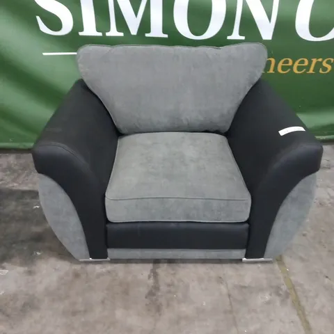 DESIGNER GREY FABRIC AND BLACK SUEDE EFFECT ARM CHAIR