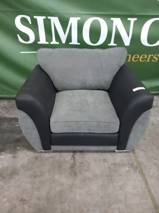 DESIGNER GREY FABRIC AND BLACK SUEDE EFFECT ARM CHAIR