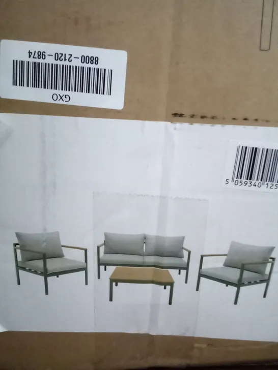 BOXED AKOA ALUMINIUM COFFEE TABLE CHAIRS AND TABLE SET 