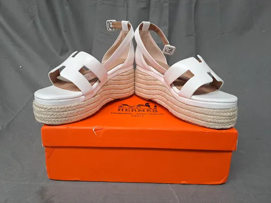 BOXED PAIR OF HERMES OPEN TOE WEDGE SANDALS IN WHITE EU SIZE 36