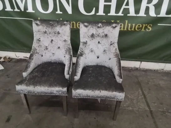 PAIR OF DESIGNER IMPERIAL UPHOLSTERED RING BUTTONED BACK DINING CHAIRS ON SILVER LEGS PLUSH SILVER FABRIC 