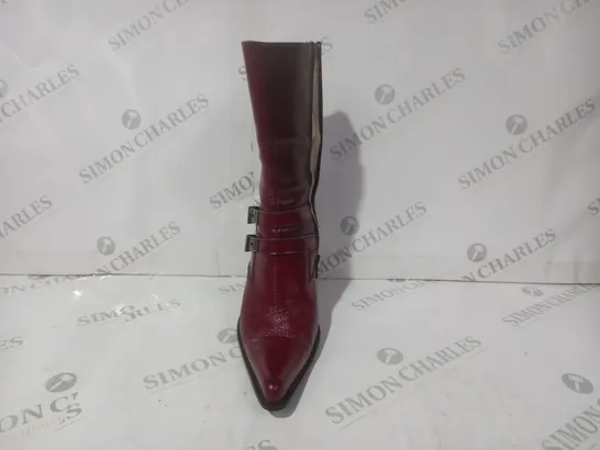 BOXED PAIR OF NEW ROCK POINTED TOE HIGH HEELED BOOTS IN RED EU SIZE 38