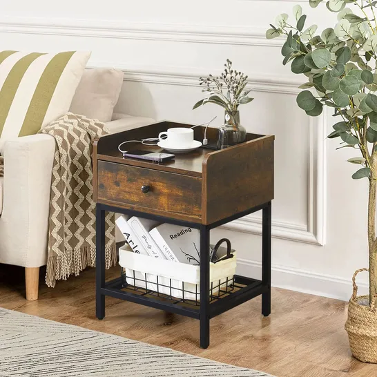 BOXED EYVE INDUSTRIAL WOOD BEDSIDE TABLE [CHARGING STATION]