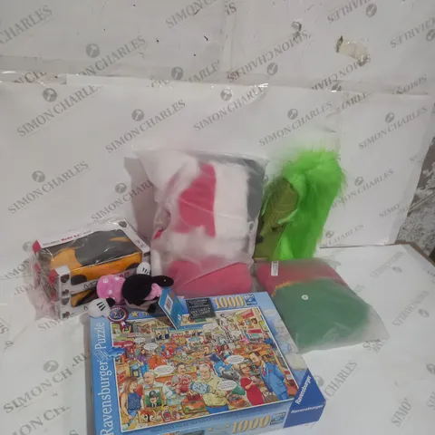 MEDIUM BOX OF ASSORTED TOYS AND GAMES TO INCLUDE JIGSAWS, TEDDIES AND DRESSING UP COSTUMES