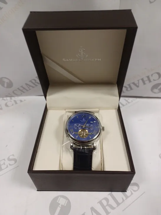 BOXED SAMUEL JOSEPH AUTOMATIC STEEL BLUE WATCH 