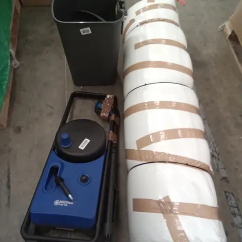 PALLET OF ASSORTED ITEMS INCLUDING MATTRESS TOPPER, NILFISK PRESSURE WASHER, ADDIS PEDDLE BIN, TOWEL RAIL