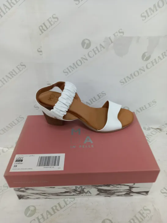 BOXED MODA IN PELLE LIIVY WHITE LEATHER BLOCK HEEL ROUCHED SANDAL SIZE 6