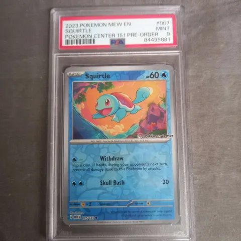 FRAMED AND GRADED COLLECTABLE TRADING POKEMON CARD - 2023 POKEMON SQUIRTLE - POKEMON CENTER - PSA 9