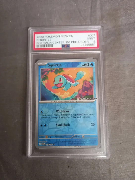 FRAMED AND GRADED COLLECTABLE TRADING POKEMON CARD - 2023 POKEMON SQUIRTLE - POKEMON CENTER - PSA 9