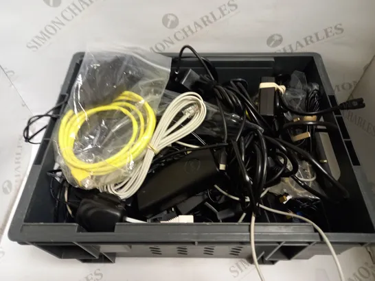 LARGE QUANTITY OF ELECTRICAL CABLES OF VARYING TYPES TO INCLUDE AC ADAPTERS, ETHERNET CABLES, HDMI CABLES, ETC