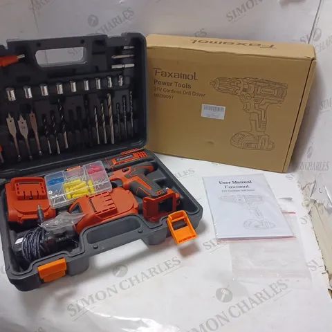 BOXED FAXAMOL 21V CORDLESS DRILL WITH TWO BATTERIES, CHARGER, VARIETY OF BITS AND SOCKETS, ACCESSORIES AND USER MANUAL