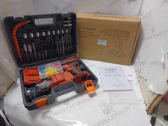 BOXED FAXAMOL 21V CORDLESS DRILL WITH TWO BATTERIES, CHARGER, VARIETY OF BITS AND SOCKETS, ACCESSORIES AND USER MANUAL