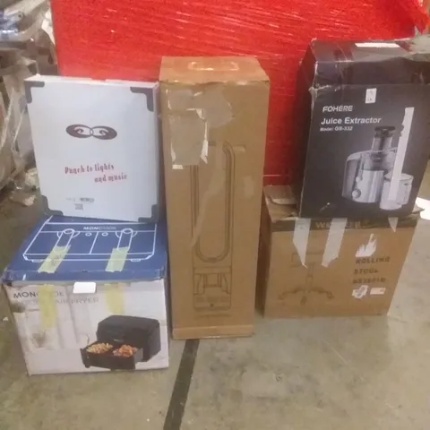 PALLET OF ASSORTED ITEMS INCLUDING SMART BOXING WALL TARGET, DOUBLE AIR FRYER, ROLLING STOOL, JUICE EXTRACTOR, BLAMELESS FAN