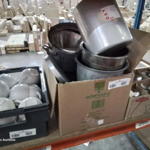 THREE BOXES ASSORTED CATERING ITEMS, INCLUDING, SUNDAE GLASSES, COFFEE CUPS, METAL BOWLS & POTS, CROCKERY.