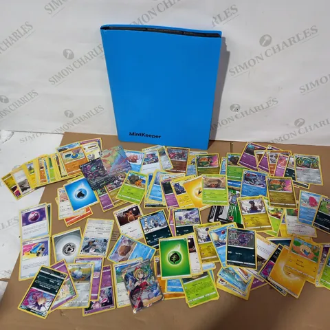 LOT OF APPROXIMATELY 60 ASSORTED POKEMON CARDS WITH MINT KEEPER BLUE CARD CASE (CARDS INCLUDE SHINT APPLETUN, GARBODOR V, SHINY UMBREON VMAX ETC)