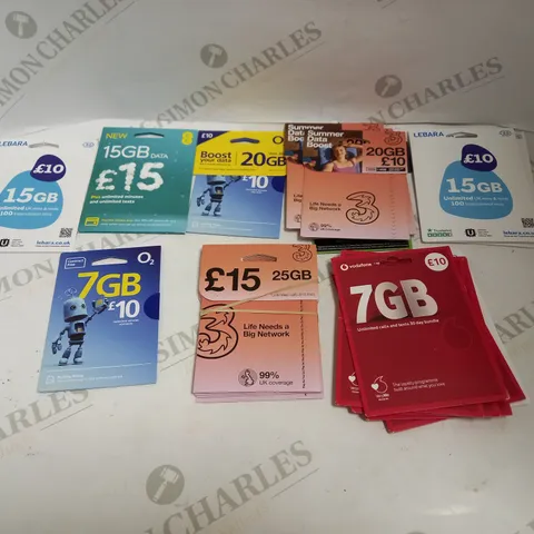 LOT OF LARGE QUANTITY OF MOBILE SIM CARDS AND TOP UPS OF VARYING AMOUNTS AND SIZES FROM PROVIDERS SUCH AS EE, O2, LEBARA, ETC