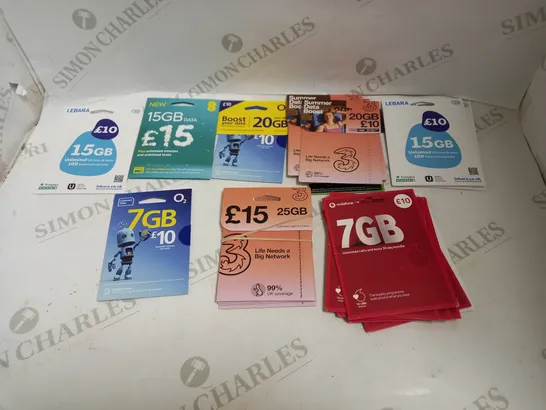 LOT OF LARGE QUANTITY OF MOBILE SIM CARDS AND TOP UPS OF VARYING AMOUNTS AND SIZES FROM PROVIDERS SUCH AS EE, O2, LEBARA, ETC