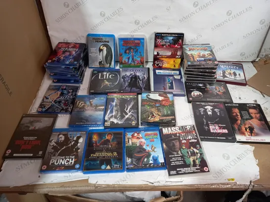 LOT OF APPROXIMATELY 51 ASSORTED BLU-RAY AND DVDS TO INCLUDE JUMANJI THE NEXT LEVEL, CLOUDY WITH A CHANCE OF MEATBALLS, THE MATRIX ETC (2 BOXES)