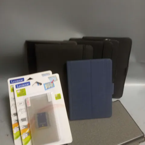 BOX OF APPROXIMATELY 16 TABLET ACCESSORIES TO INCLUDE FOLIO CASES AND LEXIBOOK SCREEN COVERS