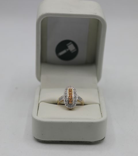 DESIGNER 9CT GOLD RING SET WITH YELLOW SAPPHIRE TO DIAMOND HALO AND SHOULDERS