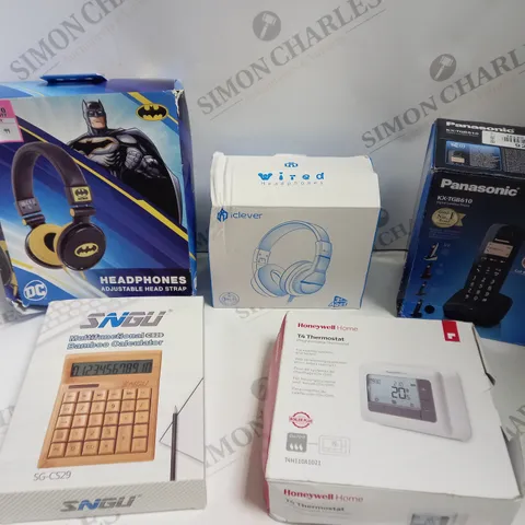 BOX OF APPROX 10 ASSORTED ITEMS INCLUDING BATMAN OVERHEAD HEADPHONES, HONEYWELL THERMOSTAT AND PORTABLE HEATER