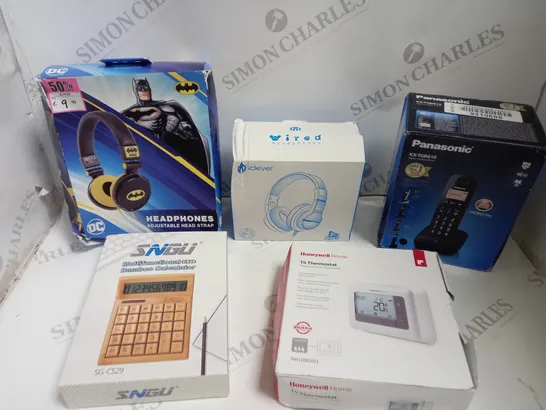 BOX OF APPROX 10 ASSORTED ITEMS INCLUDING BATMAN OVERHEAD HEADPHONES, HONEYWELL THERMOSTAT AND PORTABLE HEATER