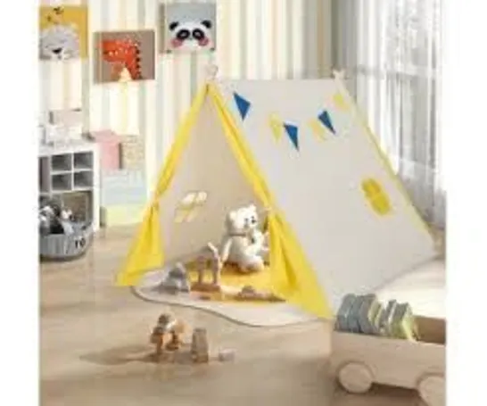 BOXED KIDS LARGE TRIANGULAR PLAYHOUSE TENT WITH SELECTED PINE WOOD MATERIAL-YELLOW