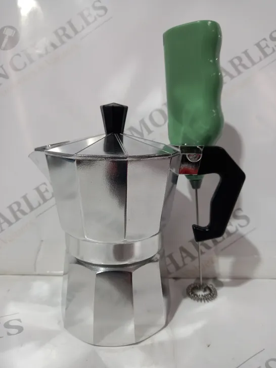 BOXED UNBRANDED COFFEE POT & MILK FROTHER TOOL