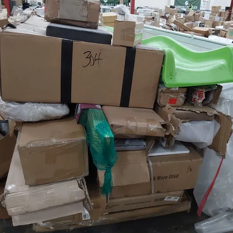 PALLET OF ASSORTED BOXED FURNITURE PARTS, GREEN WAVEY SLIDE, PLUM WOODEN POSTS.