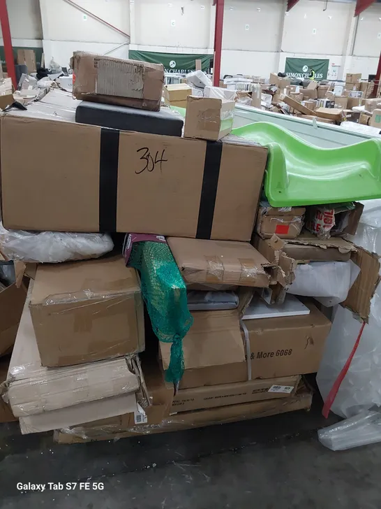 PALLET OF ASSORTED BOXED FURNITURE PARTS, GREEN WAVEY SLIDE, PLUM WOODEN POSTS.