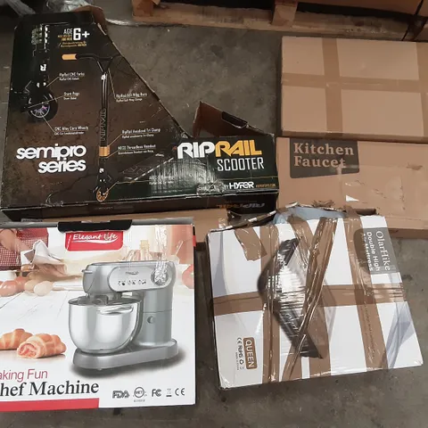 PALLET OF ASSORTED PRODUCTS INCLUDING RIPRAIL SCOOTER, KITCHEN FAUCET  ELEGANT LIFE STAND MIXER, OLARHIKE DOUBLE HIGH AIR MATTRESS, INVENTOR, BECKO US