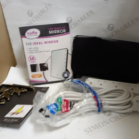 LOT OF APPROXIMATELY 10 ASSORTED HOUSEHOLD ITEMS, TO INCLUDE BELT BAG, EXTENSION CABLE, LED MIRROR, ETC