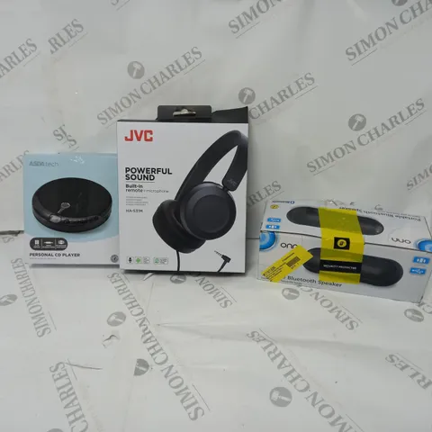 APPROXIMATELY 20 ASSORTED ITEMS TO INCLUDE JVC STEREO HEADPHONES, PORTABLE BLUETOOTH SPEAKER, PERSONAL CD PLAYER ETC. 