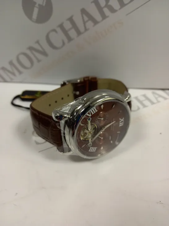 BOXED SAMUEL JOSEPH AUTOMATIC STEEL BROWN WATCH WITH LEATHER STRAP