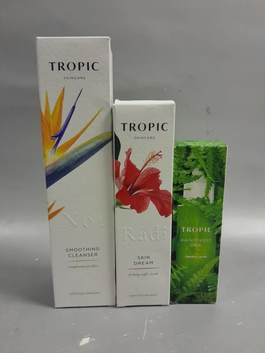 BOXED SET OF THREE TROPIC SKINCARE TO INCLUDE SMOOTHING CLEANSER (120ML), SKIN DREAM FIRMING NIGHT CREAM (50ML) AND RAINFOREST DEW HYDRATION SERUM (30ML)