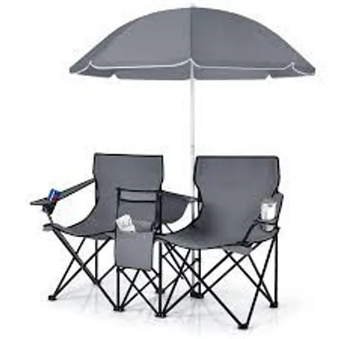 BOXED COSTWAY OUTDOOR PORTABLE DOUBLE CAMPING CHAIR FOLDING PICNIC CHAIRS W/ UMBRELLA & ICE BAG