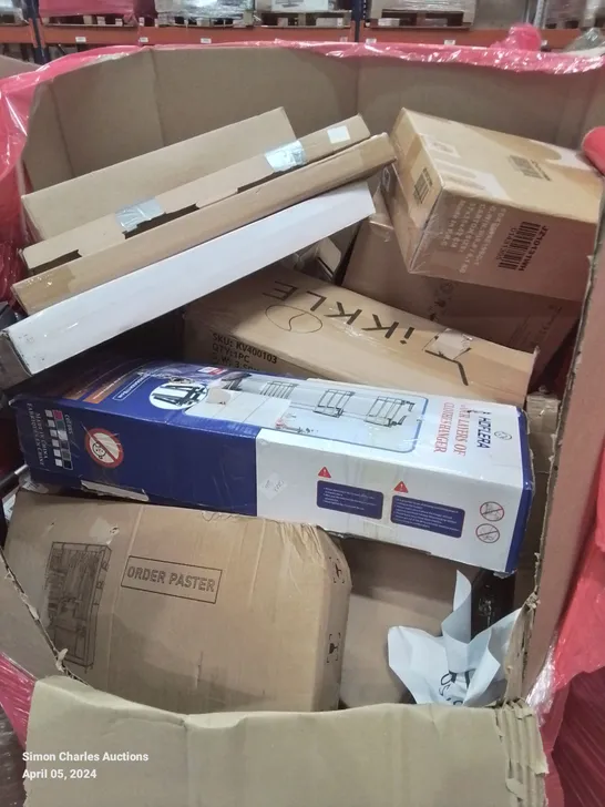 PALLET OF ASSORTED HOUSEHOLD GOODS AND PRODUCTS TO INCLUDE; MINI FRIDGE, FABRIC WARDROBE, CLOTHES HANGER, BOXED FURNITURE ETC 