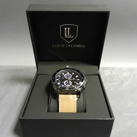 MENS LOUIS LACOMBE CHRONGRAPH WATCH – 3 SUB DIALS – BLACK CASE – LEATHER STRAP