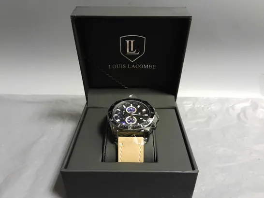 MENS LOUIS LACOMBE CHRONGRAPH WATCH – 3 SUB DIALS – BLACK CASE – LEATHER STRAP