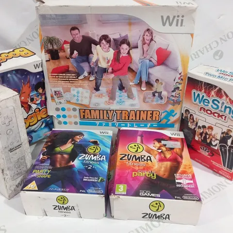 APPROXIMATELY 12 ASSORTED NINTENDO WII GAMES AND ACCESSORIES TO INCLUDE; BOOGIE, FAMILY TRAINER AND ZUMBA FITNESS