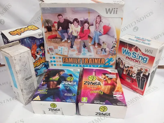 APPROXIMATELY 12 ASSORTED NINTENDO WII GAMES AND ACCESSORIES TO INCLUDE; BOOGIE, FAMILY TRAINER AND ZUMBA FITNESS