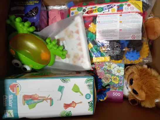 BOX OF APPROXIMATELY 20 ASSORTED TOYS AND GAMES TO INCLUDE CHILDREN'S GARDEN TOOL SET, EPIC MECHS GAME, MELISSA & DOUG PULL-BACK SCHOOL BUS, ETC