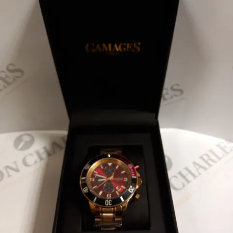 BOXED GAMAGES ACQUIRER ROSE GOLD RED DIAL WATCH 