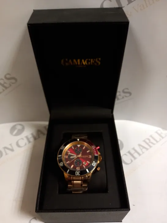 BOXED GAMAGES ACQUIRER ROSE GOLD RED DIAL WATCH 