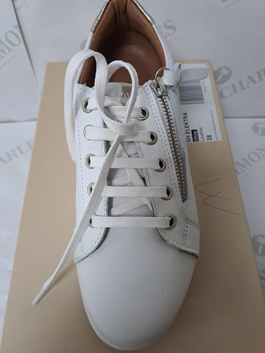 BOXED SHOON WHITE LEATHER ZIPPED TRAINERS SIZE 5