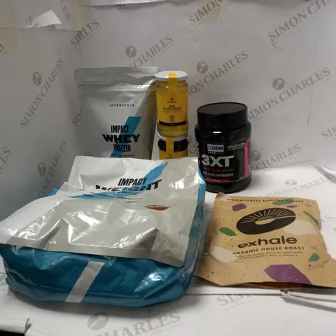 LOT OF ASSORTED FOOD AND DRINK ITEMS TO INCLUDE 3XT PUMP, EXHALE AND MY PROTEIN